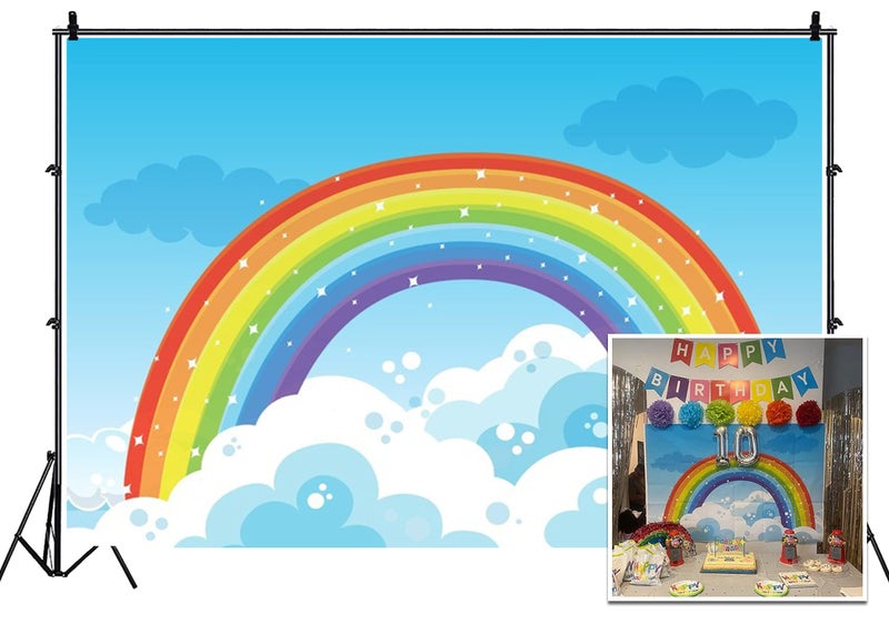 Leyiyi 5x3ft Photography Backdrop Rainbow Background Baby Baptism Baby Shower Starry Sky Cloud Skyline Vlogger Cake Table Kids Happy Birthday Summer Party Pajama Photo Portrait Vinyl Studio Prop - Image 1
